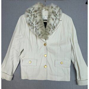 Terry Lewis Classic Luxuries Women's White Leather Faux Fur Collar Jacket Large